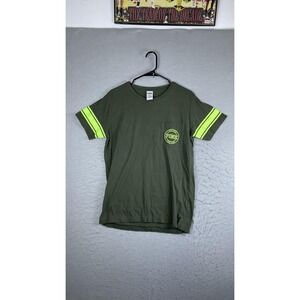 PINK Victoria's Secret Shirt Womens Small Green Logo Pocket Stripe Tee Top